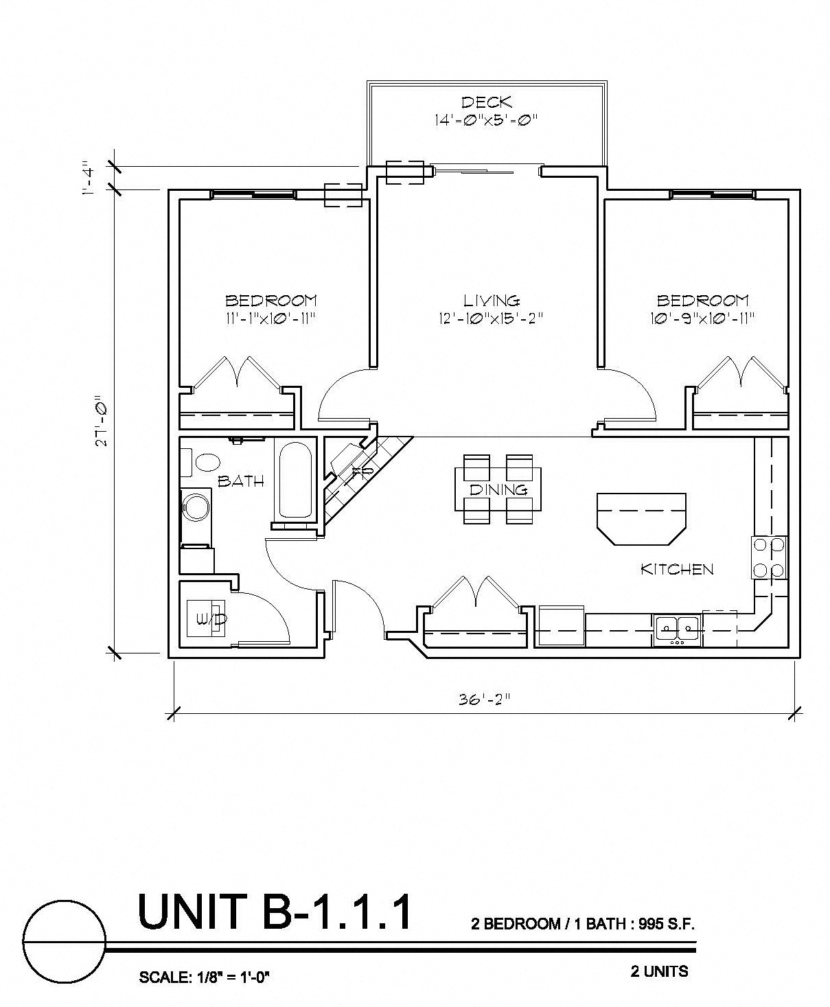 Floor plan for 2 beds, 1 bath, 991 sqft